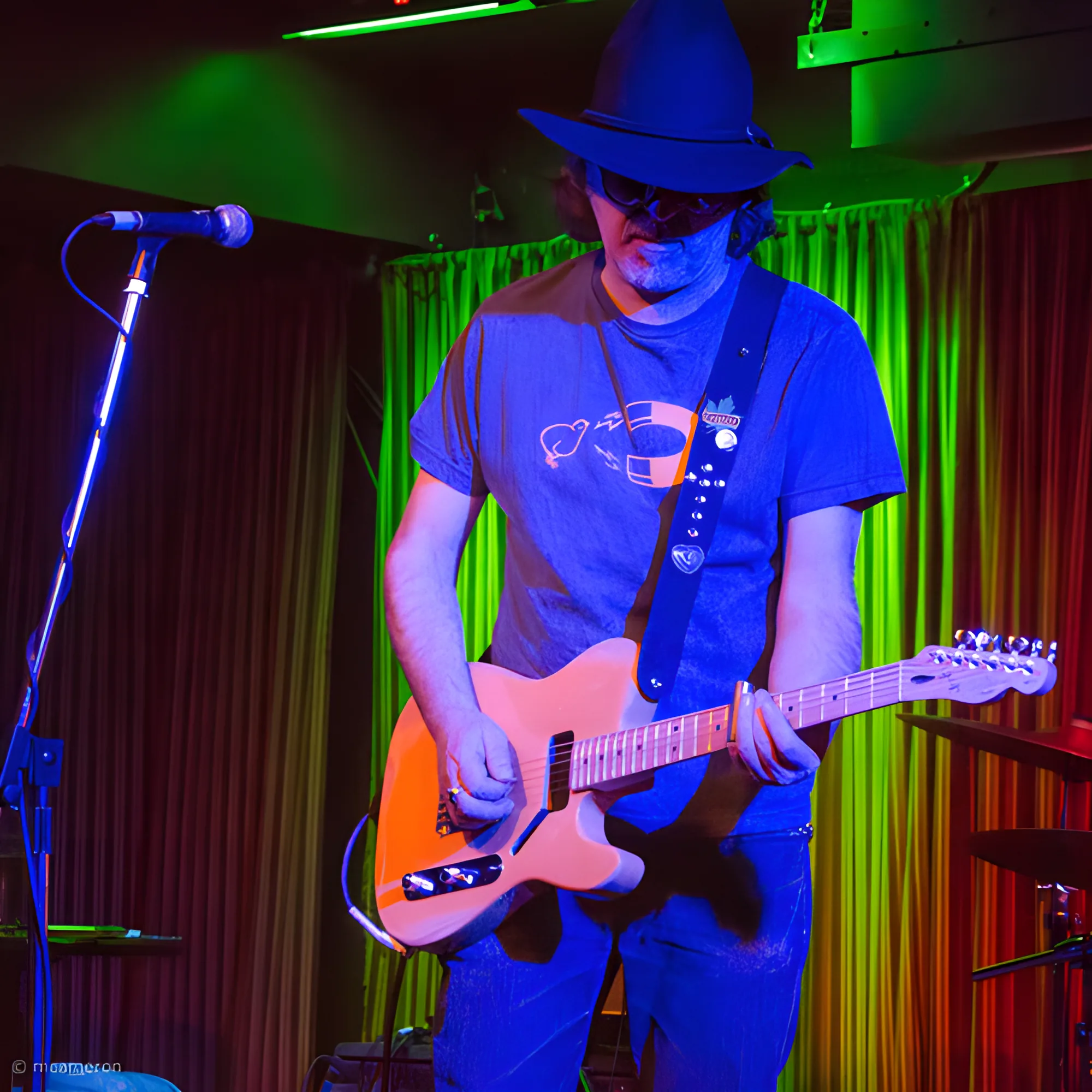 Tim Gibbons playing an orange guitar under stage lights