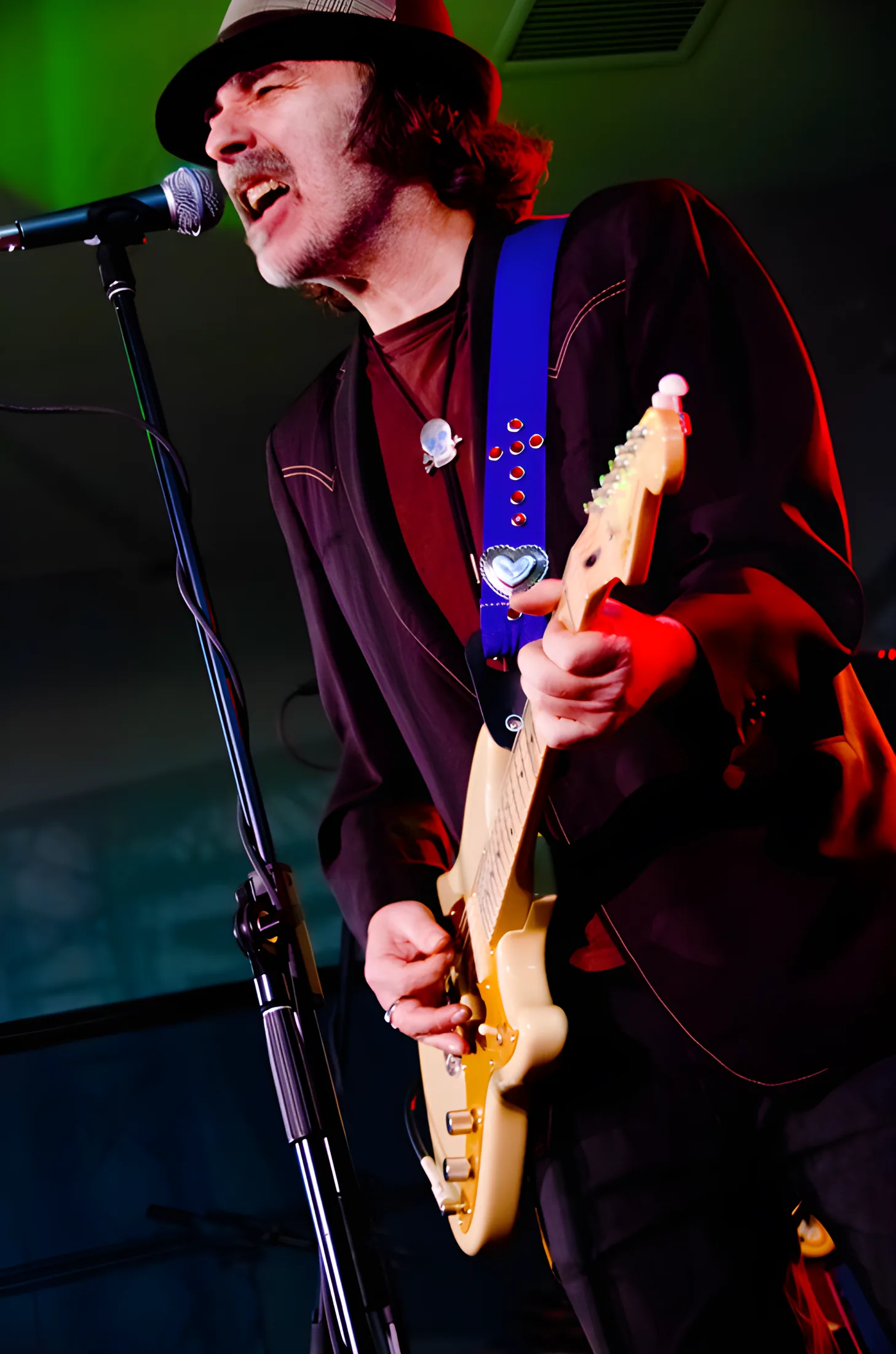 Tim Gibbons singing and playing guitar on stage